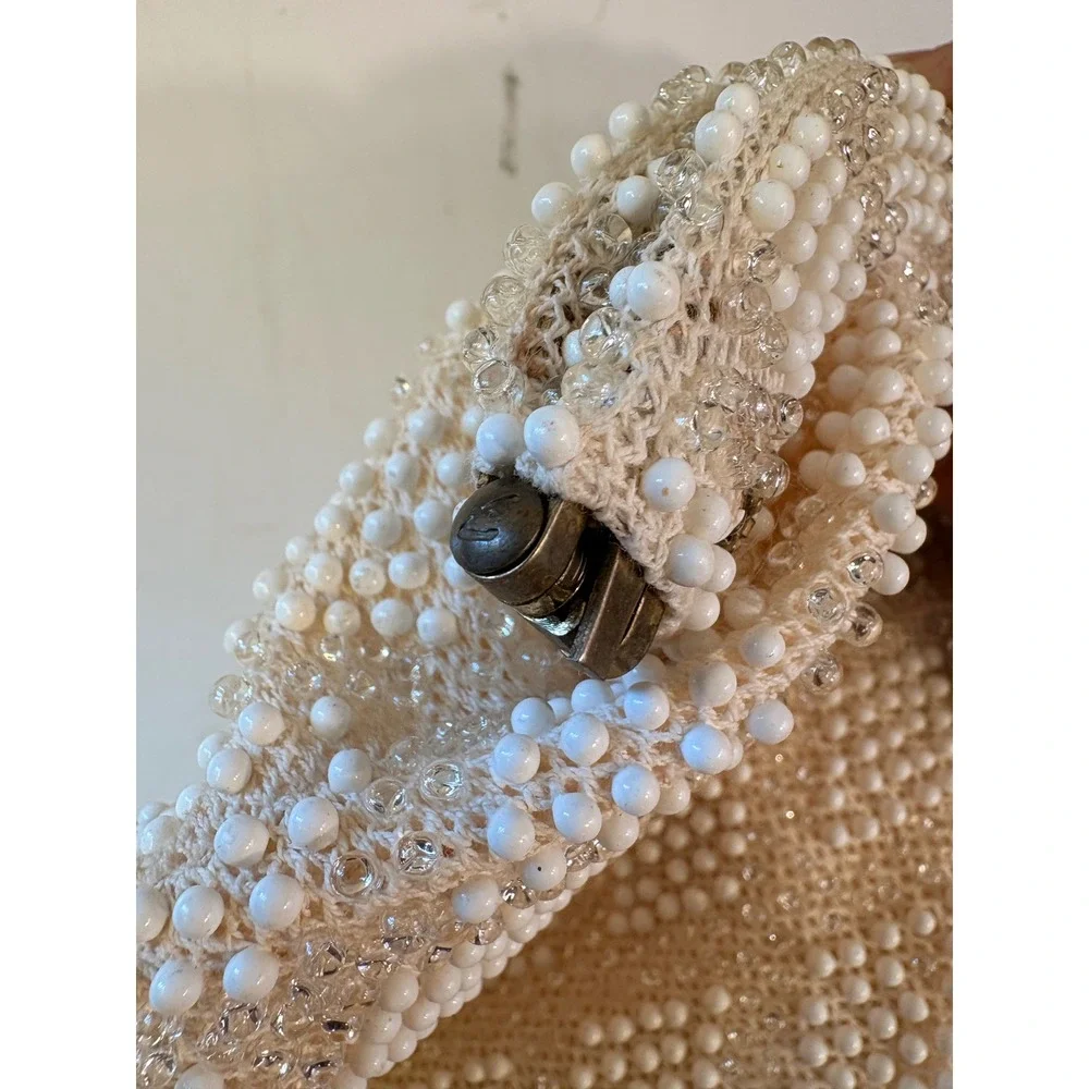 Vintage Beaded Wristlet Clutch Cream White Diamond Pattern Evening Bag 5.5" - Picture 8 of 8
